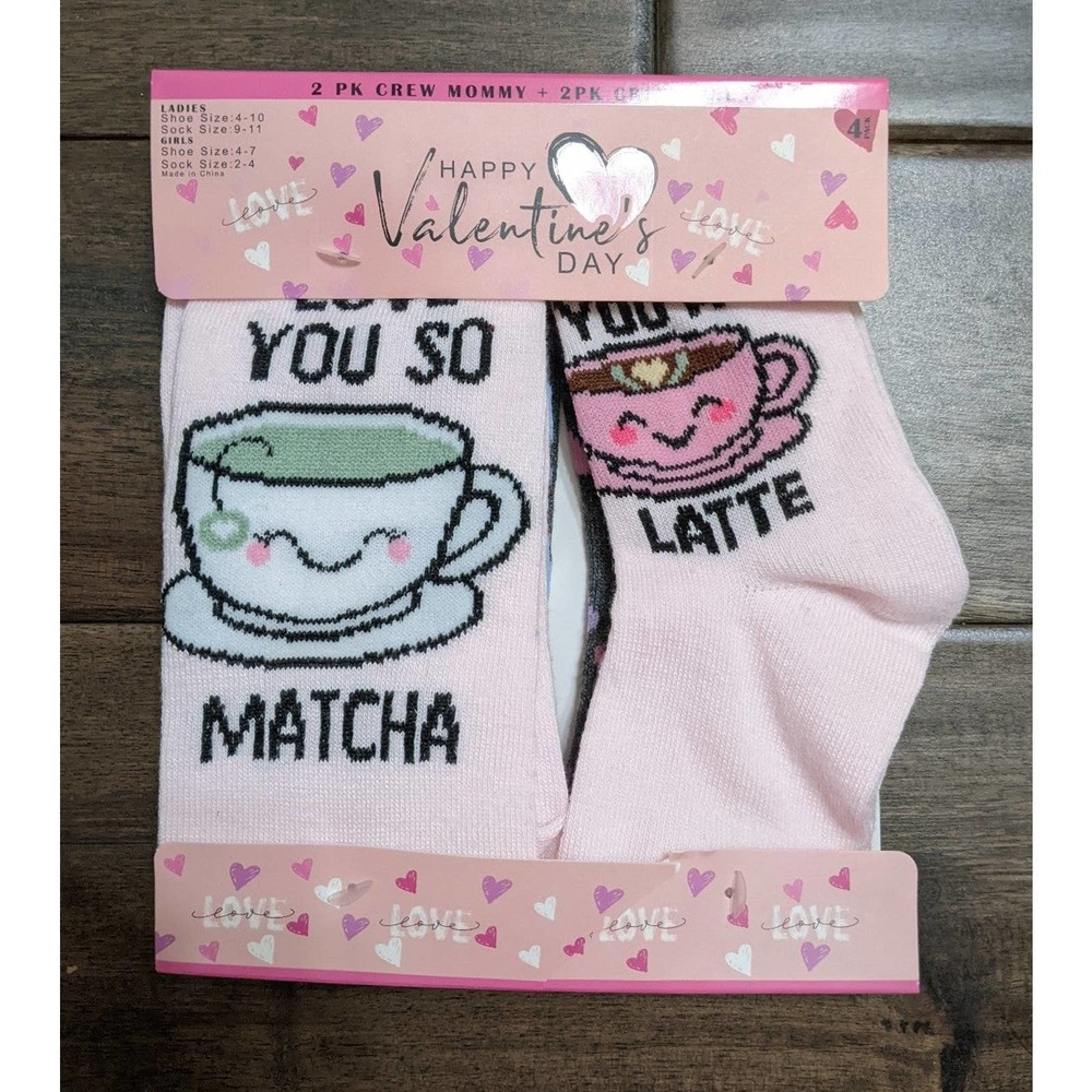 Set lot 4 Mom girls coffee Valetines Day Matching Crew Socks Shoe  4-10 4-7